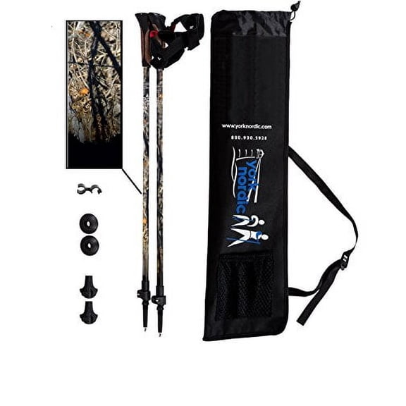 York Nordic Camouflage Design Hiking & Walking Poles Men - 2 Pack w/flip Locks, Detachable feet Travel Bag