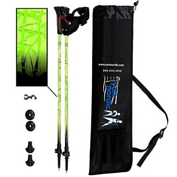 York Nordic Green Zen Trekking/Walking Poles - Lightweight, Adjustable, and Collapsible - 2 Pack w/flip Locks, Detachable feet and Travel Bag