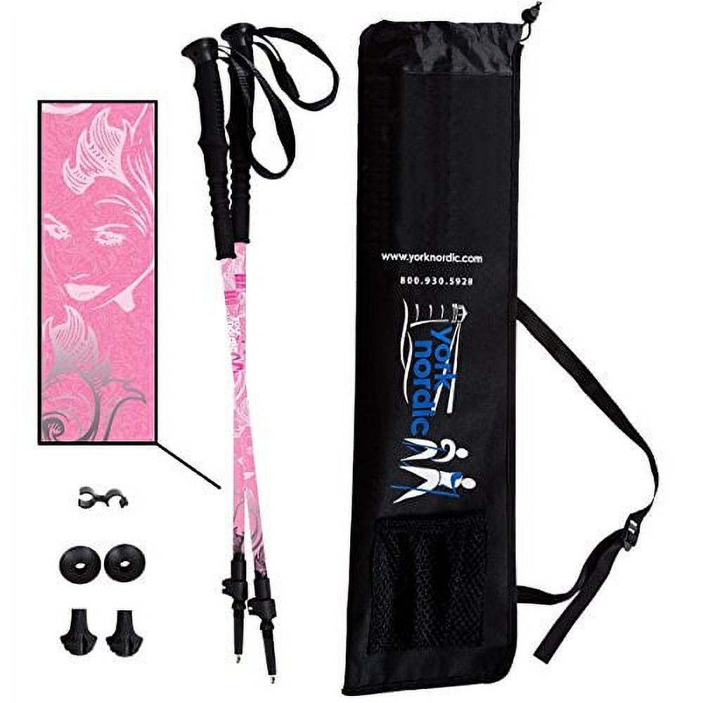 York Nordic Pink Walking Poles - Lightweight, Adjustable, and Collapsible - 2 poles w/rubber feet and travel bag (Trek/Hike) - image 1 of 8