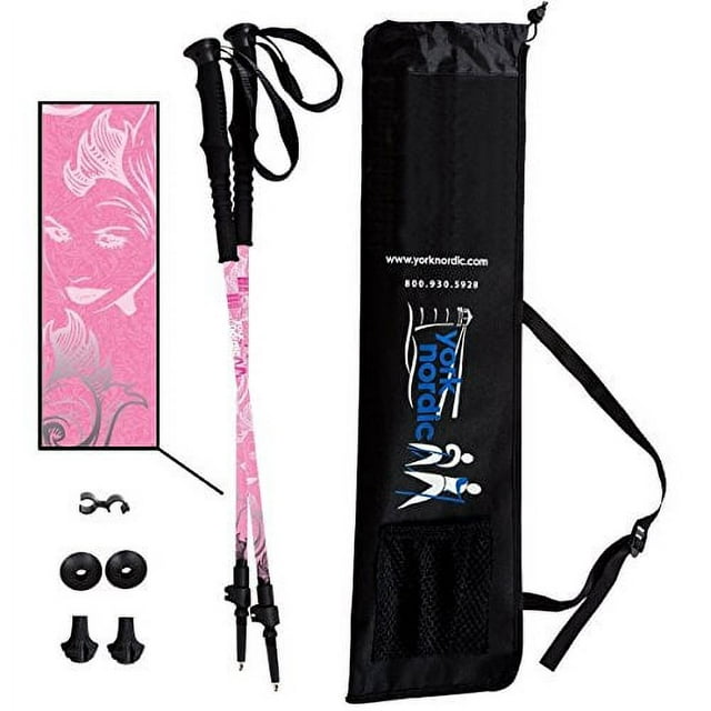 York Nordic Pink Walking Poles - Lightweight, Adjustable, and Collapsible - 2 poles w/rubber feet and travel bag (Trek/Hike)