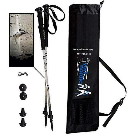 York Nordic White Birch Design Hiking & Walking Poles - Lightweight, Adjustable, and Collapsible - w/2 Pieces Adjustable w/flip Locks, Detachable Feet and Travel Bag