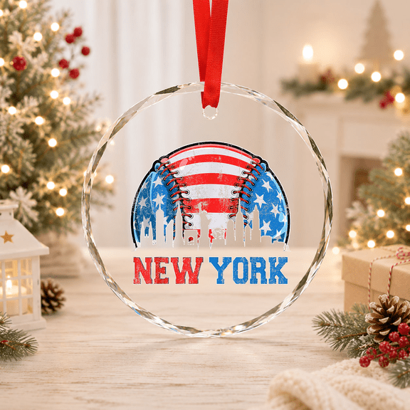 York Ny Skyline Baseball Met At Gameday Unique Glass Ornament, Vintage Glass Ornament