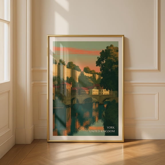 York Travel Poster, River Ouse City Walls Print, Vintage Style UK Wall Art, Yorkshire England Sunset, Poster Only