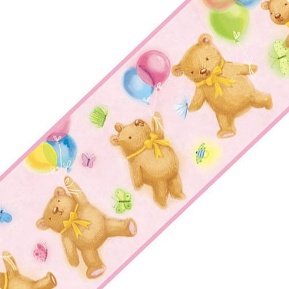 York Wallcoverings 12440132 Pink Teddy Bears Balloons Prepasted Wall Border