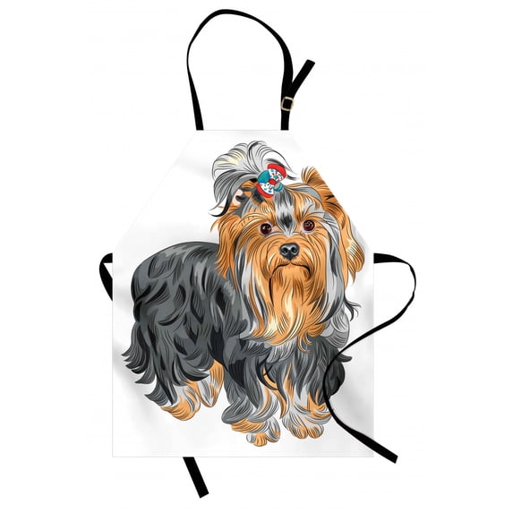 Yorkie Apron Terrier with Cute Bow on Head Colored Sketch Speckled Dog Lifelike Beast Yorkie, Unisex Kitchen Bib Apron with Adjustable Neck for Cooking Baking Gardening, Grey Apricot, by Ambesonne
