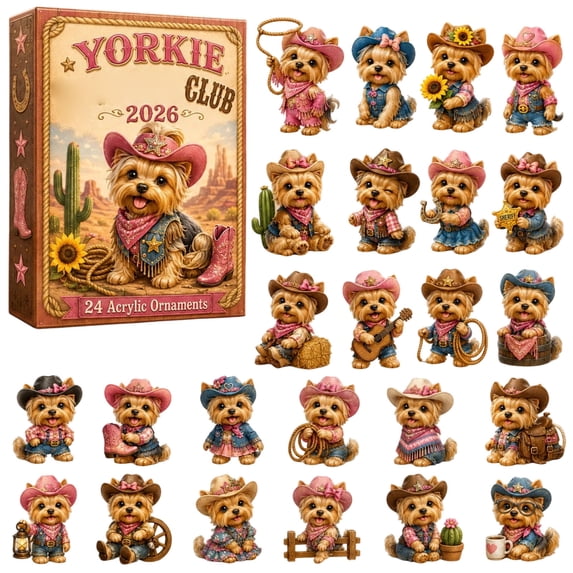 Yorkie Christmas Advent Calendar 2026, 24 Days Xmas Countdown Calendar with 2D Cowboy Dog Ornaments, Western Christmas Tree Hanging Decorations, Xmas Gifts for Boys Girls Dog Lovers