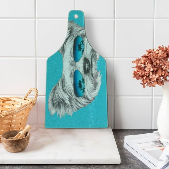 Yorkie Cutting Board, Yorkshire Terrier Portrait with Cool Mirror Sunglasses Hand Drawn Animal Art, Decorative Tempered Glass Cutting and Serving Board, Wine Bottle Shape, Blue White, by Ambesonne