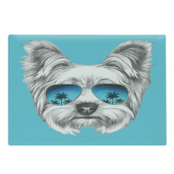 Yorkie Cutting Board, Yorkshire Terrier Portrait with Cool Mirror Sunglasses Hand Drawn Animal Art, Decorative Tempered Glass Cutting and Serving Board, Large Size, Blue White, by Ambesonne