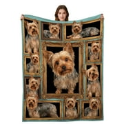 Yorkie Dog Fleece Blanket Vintage Gold Picture Frame Collage Yorkshire Terrier Art Super Soft Plush Throw for Couch Teal Pet Home Decor Gift for Yorkie Moms and Dads - 80x60