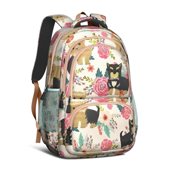 Yorkie Dog and Flower Backpack for School,Cute School Bag,Schoolbag with Adjustable Shoulder Straps & Padded Back,16.9 Inch