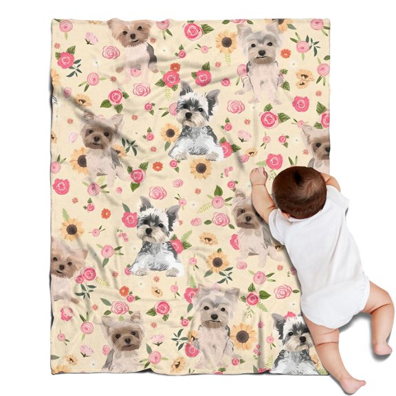 Yorkie Dog and Flower Florals Blanket,Comfortable Soft Flannel Throw Blanket,All Season,Warm Lightweight Blankets for Sofa Bed Couch Living Room Chair,30"x40"(80x100cm)