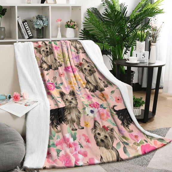 Yorkie Dog and Flower Florals Blanket,Comfortable Soft Flannel Throw Blanket,All Season,Warm Lightweight Blankets for Sofa Bed Couch Living Room Chair,50"x60"