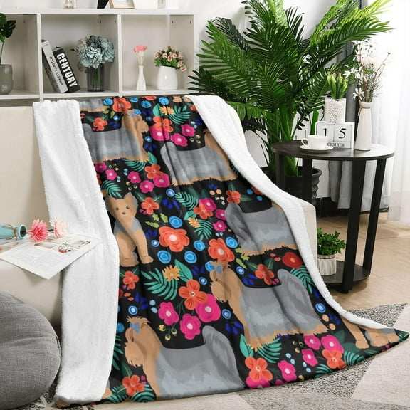 Yorkie Dog and Flower Florals Blanket,Comfortable Soft Flannel Throw Blanket,All Season,Warm Lightweight Blankets for Sofa Bed Couch Living Room Chair,50"x60"(130x150cm)
