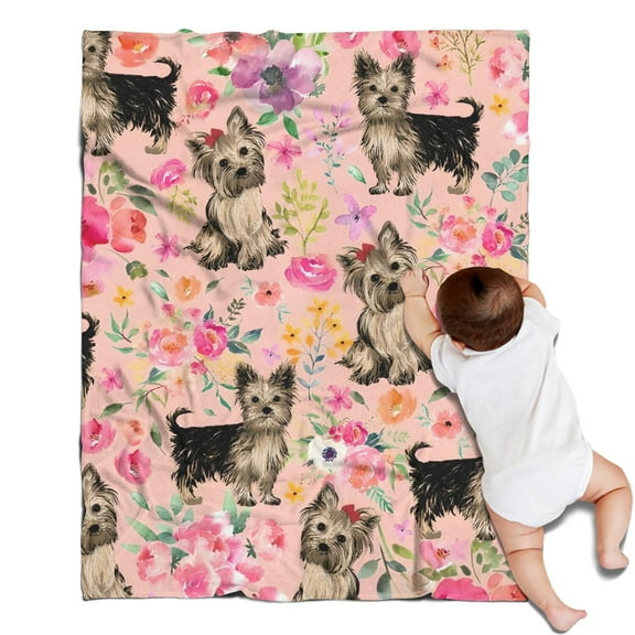 Yorkie Dog and Flower Florals Blanket,Comfortable Soft Lamb Wool Throw Blanket,All Season,Warm Lightweight Blankets for Sofa Bed Couch Living Room Chair,30"x40"