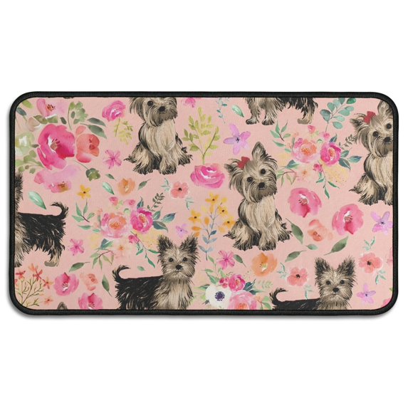 Yorkie Dog and Flower Florals Door Rugs,Washable Non Slip Door Mats Indoor,Decorative Door Mats,Entry Mat Indoor for Entrance,Bedroom,Kitchen,Bathroom,30"x17"