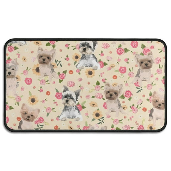 Yorkie Dog and Flower Florals Door Rugs,Washable Non Slip Door Mats Indoor,Decorative Door Mats,Entry Mat Indoor for Entrance,Bedroom,Kitchen,Bathroom,30"x17"
