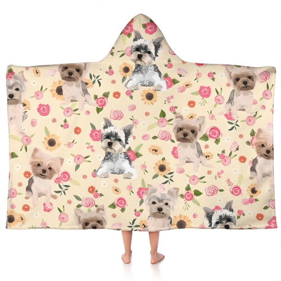 Yorkie Dog and Flower Florals Hooded Bath Towel,50"x30" for Ages 3 To 12 Kids, Quick Dry Lightweight Soft Microfiber Hood Beach Towel Cover Up for Kids