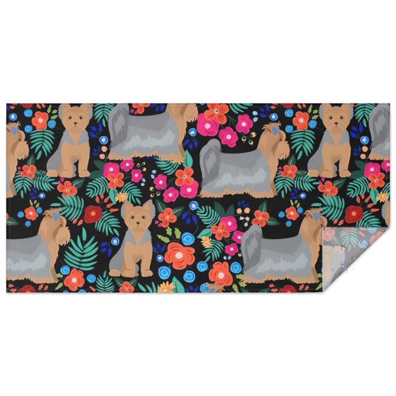 Yorkie Dog and Flower Florals Rectangle Tablecloth 60"x120",Waterproof Polyester Rectangle Table Cloth, Wipeable Spillproof Polyester Tablecloth for Dining, Camping, Indoor and Outdoor