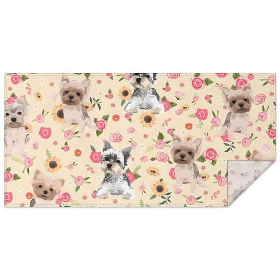 Yorkie Dog and Flower Florals Rectangle Tablecloth 60"x120",Waterproof Polyester Rectangle Table Cloth, Wipeable Spillproof Polyester Tablecloth for Dining, Camping, Indoor and Outdoor
