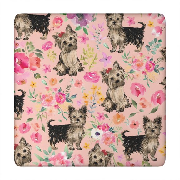 Yorkie Dog and Flower Florals Square Fitted Tablecloth with Elastic Edge,Square Table Cover,Washable Elastic Table Cover for Home Kitchen Party Decor 34"x34"