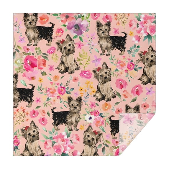 Yorkie Dog and Flower Florals Square Tablecloth,Waterproof Square Table Cover,Wipeable Spillproof Washable Table Cover for Home Kitchen Party Decor 42"X42"(107x107cm)