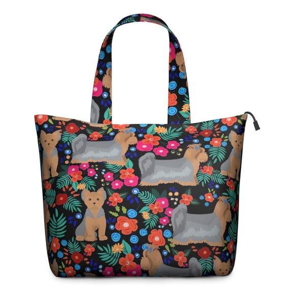 Yorkie Dog and Flower Florals Travel Tote Bags for Women Carry On,Large Weekender Bags for Women Travel,Multi Functional Duffle Bag for Work,Shopping,Sports