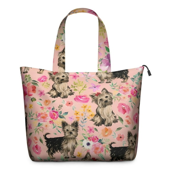 Yorkie Dog and Flower Florals Travel Tote Bags for Women Carry On,Large Weekender Bags for Women Travel,Multi Functional Duffle Bag for Work,Shopping,Sports