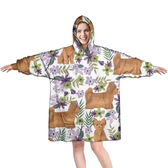 Yorkie Dog and Flower Florals Wearable Oversized Blanket,Wearable Blanket Hoodie for Adults,Cozy Hooded Blankets with Super Pockets,Super Warm Fuzzy Pullover for Women & Men