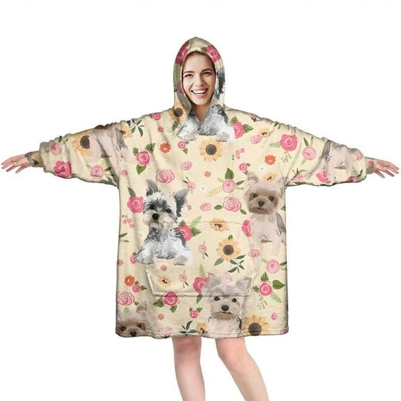 Yorkie Dog and Flower Florals Wearable Oversized Blanket,Wearable Blanket Hoodie for Adults,Cozy Hooded Blankets with Super Pockets,Super Warm Fuzzy Pullover for Women & Men
