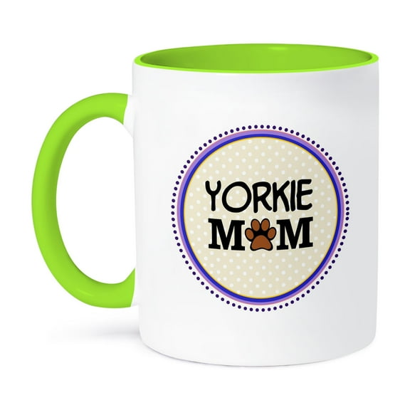 3dRose, Yorkie Dog Mom - Yorkshire Terrier - Doggie mama by breed - doggy lover paw print - pet owner circle, 11oz Two-Tone Green Mug