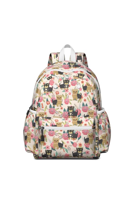 Yorkie Dog and Flower Backpack for School,Cute School Bag,Schoolbag with Adjustable Shoulder Straps & Padded Back,13.4"x11"x4.7"