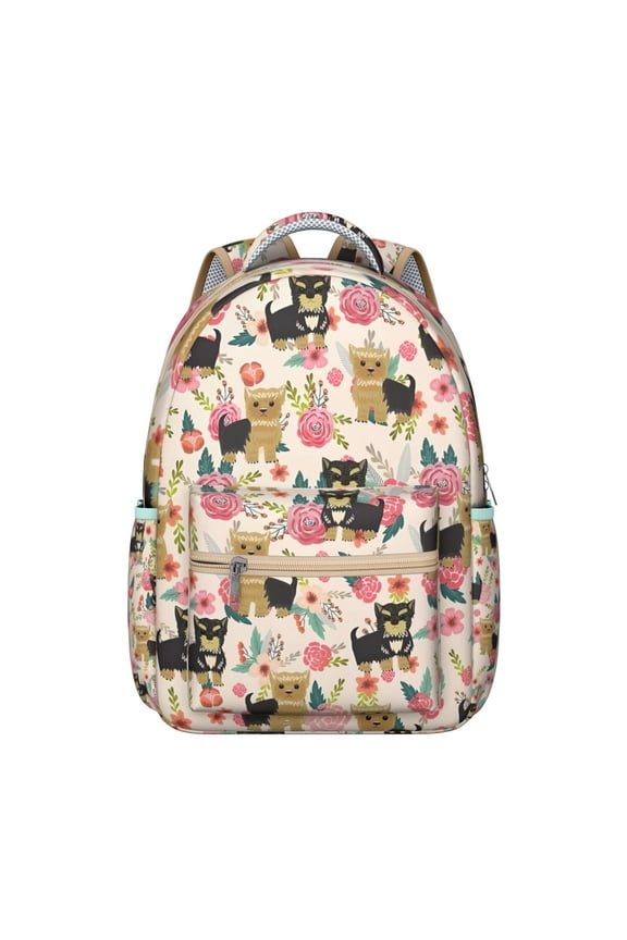 Yorkie Dog and Flower Backpack for School,Cute School Bag,Schoolbag with Adjustable Shoulder Straps & Padded Back,15.3"x11"x7.1".﻿