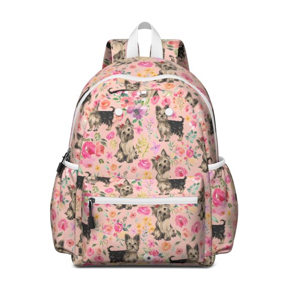 Yorkie Dog and Flower Florals Backpack for School,Cute School Bag,Schoolbag with Adjustable Shoulder Straps & Padded Back,13.4"x11"x4.7"