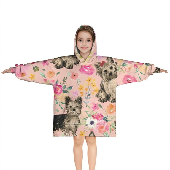 Yorkie Dog and Flower Florals Blanket Hoodies for Kids 6-13YR Oversize Wearable Blanket Hoodies for Boys Girls Teens