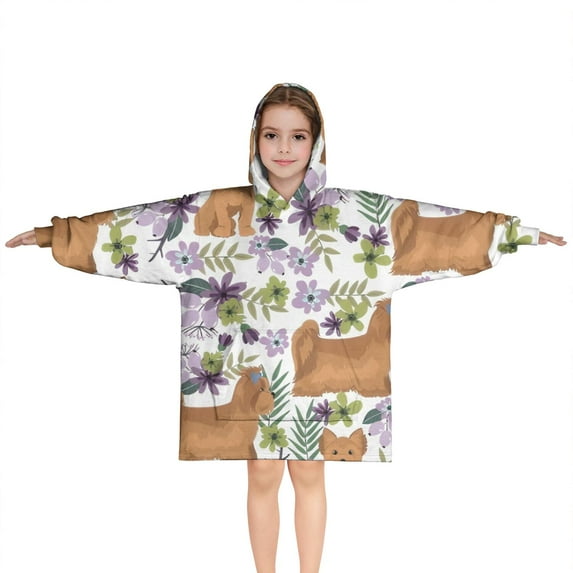 Yorkie Dog and Flower Florals Blanket Hoodies for Kids 6-13YR Oversize Wearable Blanket Hoodies for Boys Girls Teens
