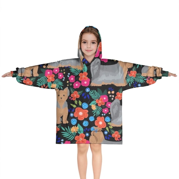 Yorkie Dog and Flower Florals Blanket Hoodies for Kids 6-13YR Oversize Wearable Blanket Hoodies for Boys Girls Teens