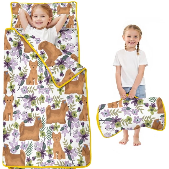 Yorkie Dog and Flower Florals Toddler Nap Mats for Kids Preschool,Sleeping Mat Bag or Kids,Toddler Sleeping Bag,Toddler Nap Mat or Daycare