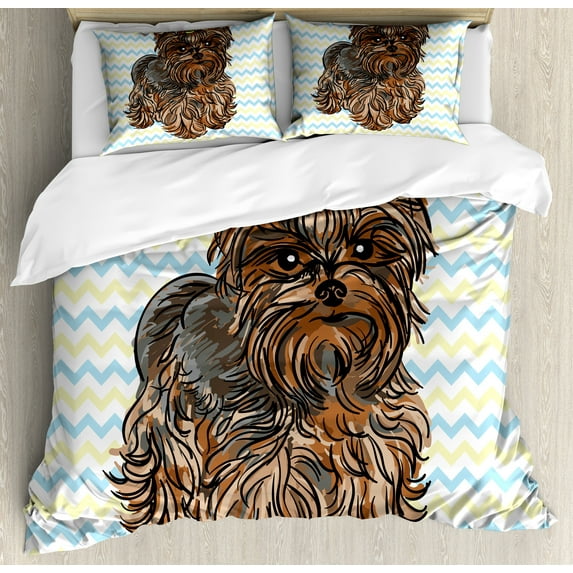 Yorkie Duvet Cover Set, Brown Yorkie with Evenr Buckle on Its Head Drawing on Chevron Backdrop, Decorative 3 Piece Bedding Set with 2 Pillow Shams, Queen Size, Chestnut Brown, by Ambesonne