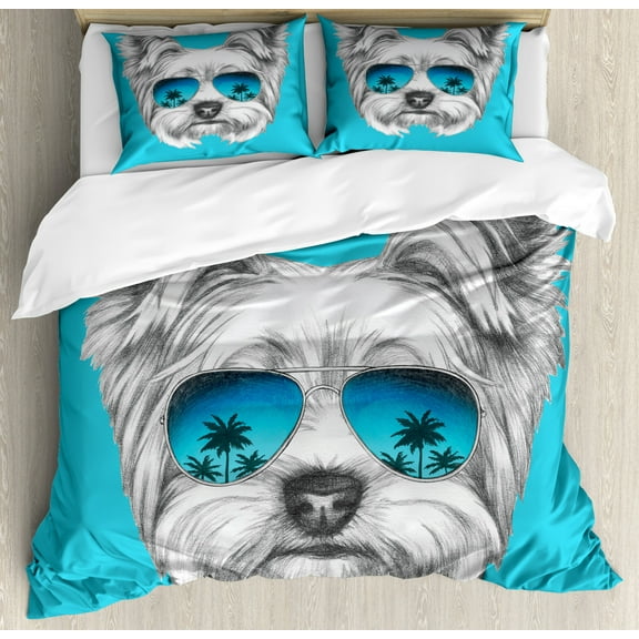 Yorkie Duvet Cover Set King Size, Yorkshire Terrier Portrait with Cool Mirror Sunglasses Hand Drawn Cute Animal Art, Decorative 3 Piece Bedding Set with 2 Pillow Shams, Blue White, by Ambesonne