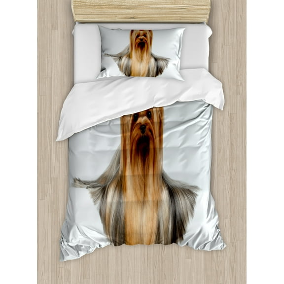 Yorkie Duvet Cover Set, Photo of Yorkshire Terrier with Groomed Hair Lying Beside It Yorkie, Decorative 2 Piece Bedding Set with 1 Pillow Shams, Twin Size, Brown White, by Ambesonne