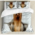 thumbnail image 1 of Yorkie Duvet Cover Set, Photo of Yorkshire Terrier with Groomed Hair Lying Beside It Yorkie, Decorative 3 Piece Bedding Set with 2 Pillow Shams, King Size, Brown White, by Ambesonne, 1 of 3