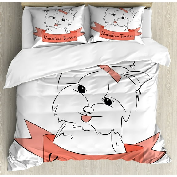 Yorkie Duvet Cover Set, Puppy with Hair Buckle Yorkie Terrier Animal Ribbon Cartoon Character Print, Decorative 3 Piece Bedding Set with 2 Pillow Shams, King Size, Pink White, by Ambesonne