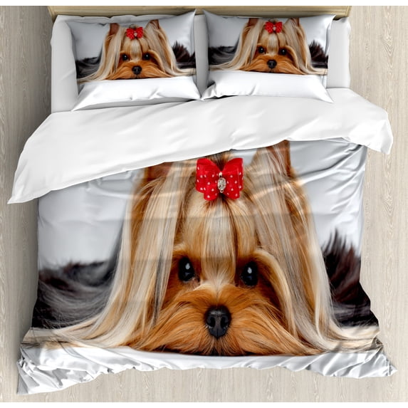 Yorkie Duvet Cover Set Queen Size, Lying Yorkshire Terrier with Cute Ribbon Yorkie Love Portrait of a Dog, Decorative 3 Piece Bedding Set with 2 Pillow Shams, Pale Caramel Sand Brown, by Ambesonne