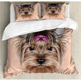 thumbnail image 1 of Yorkie Duvet Cover Set Queen Size, Realistic Computer Drawn Image of Yorkshire Terrier with Cute Ribbon Animal, Decorative 3 Piece Bedding Set with 2 Pillow Shams, Salmon Pale Brown, by Ambesonne, 1 of 3