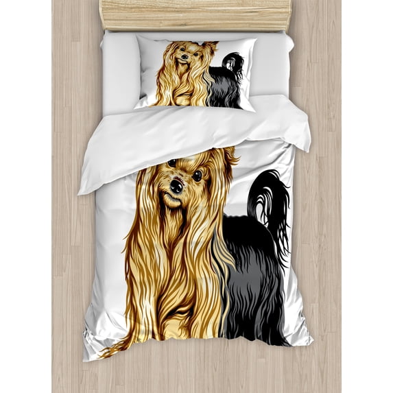 Yorkie Duvet Cover Set, Realistic Drawing Long Haired Yorkie Domestic Pet Dog with Mild Expression, Decorative 2 Piece Bedding Set with 1 Pillow Shams, Twin Size, Mustard Black, by Ambesonne