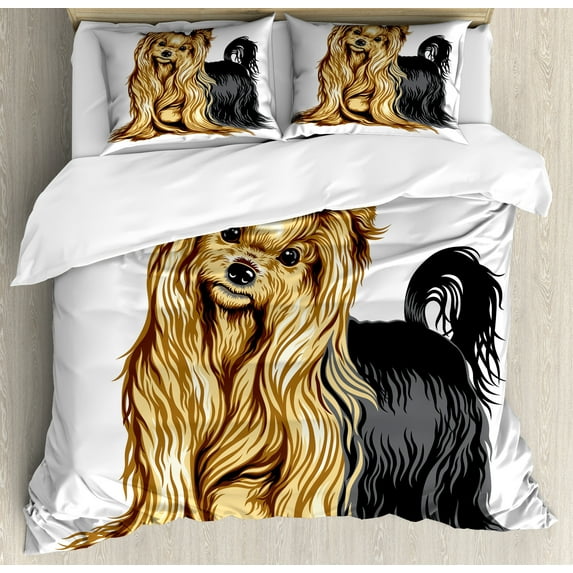 Yorkie Duvet Cover Set, Realistic Drawing Long Haired Yorkie Domestic Pet Dog with Mild Expression, Decorative 3 Piece Bedding Set with 2 Pillow Shams, Queen Size, Mustard Black, by Ambesonne