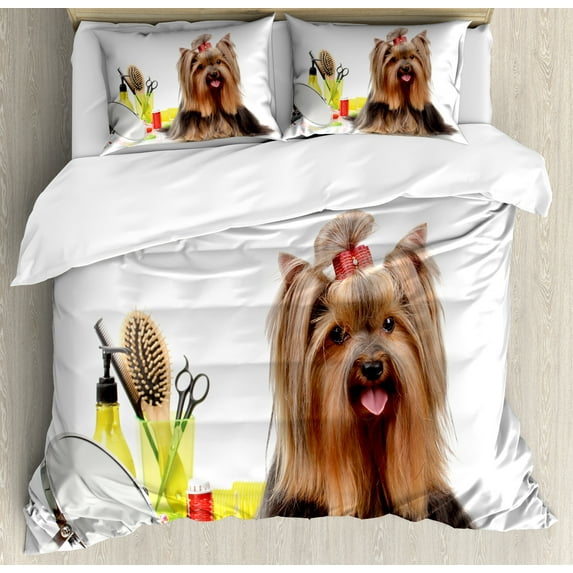 Yorkie Duvet Cover Set, Yorkshire Terrier with Hairdressing Equipment Mirror Scissors, Decorative 3 Piece Bedding Set with 2 Pillow Shams, Queen Size, Dark Brown Multicolor, by Ambesonne