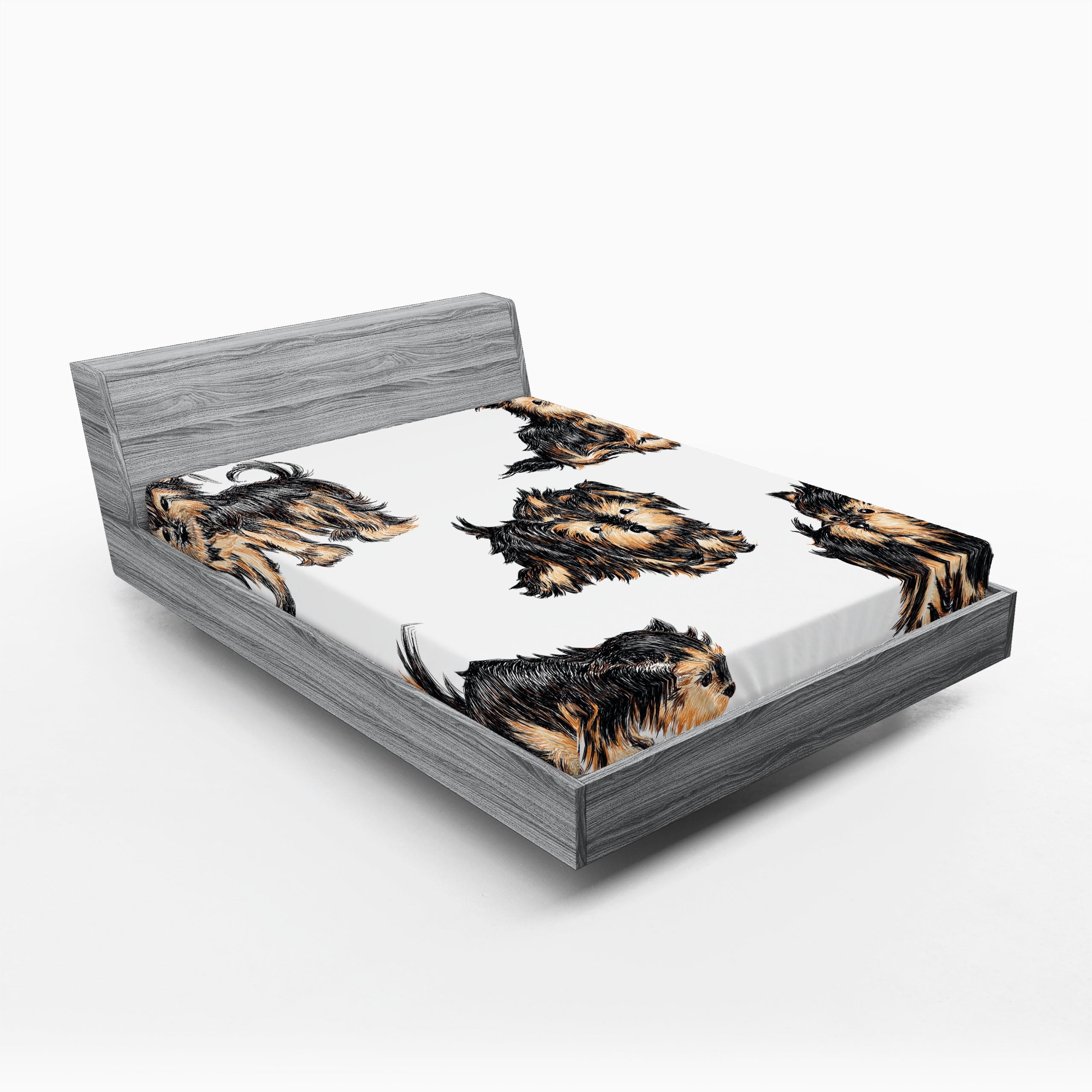 Yorkie Fitted Sheet Set, Hand Drawn Yorkies Realistic Yorkshire Terrier