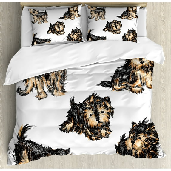 Yorkie King Size Duvet Cover Set, Hand Drawn Cute Yorkies Realistic Yorkshire Terrier Images Dog Love Cartoon, Decorative 3 Piece Bedding Set with 2 Pillow Shams, Pale Coffe Black, by Ambesonne