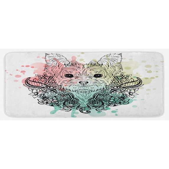 Yorkie Kitchen Mat, Sketch of a Yorkshire Terrier on a Bed of Flowers Black and White Drawing Art, Plush Decorative Kitchen Mat with Non Slip Backing, 47" X 19", Black White